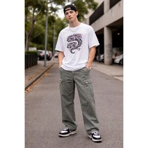 Vintage Y2K Zonz Skate Pants Men 38 Wide Leg Army Green Baggy Canvas Cargo 90s